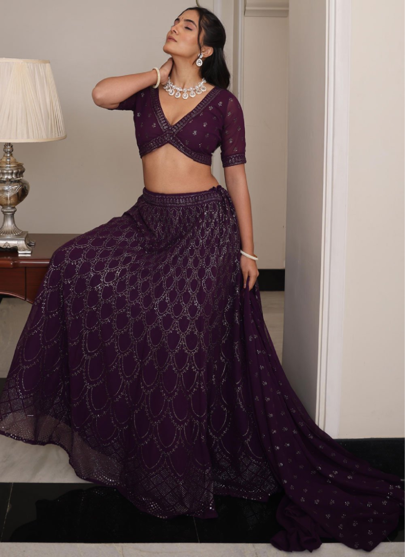 Interesting Georgette Sequence Embroidered Purple Lehenga Choli