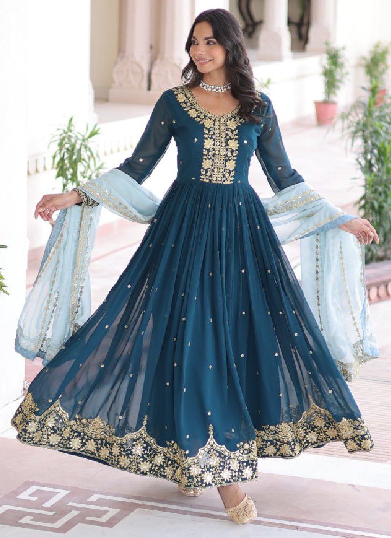 Interesting Georgette Sequence Embroidered Teal Blue Gown With Dupatta