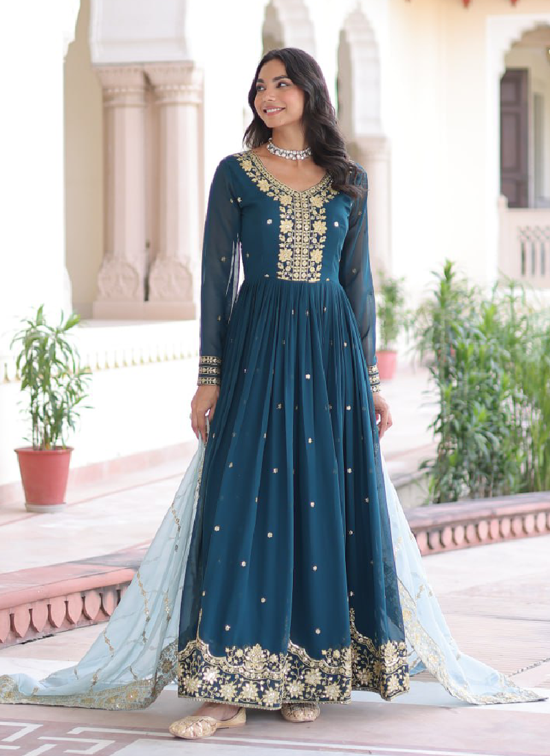 Interesting Georgette Sequence Embroidered Teal Blue Gown With Dupatta