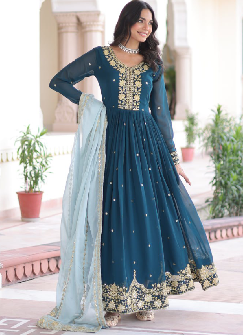 Interesting Georgette Sequence Embroidered Teal Blue Gown With Dupatta