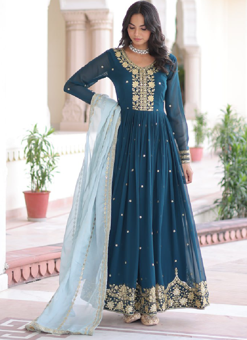 Interesting Georgette Sequence Embroidered Teal Blue Gown With Dupatta