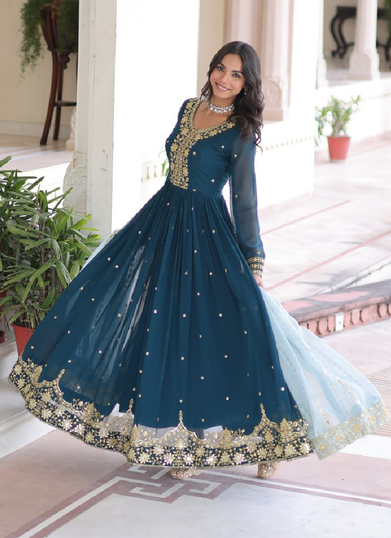 Interesting Georgette Sequence Embroidered Teal Blue Gown With Dupatta