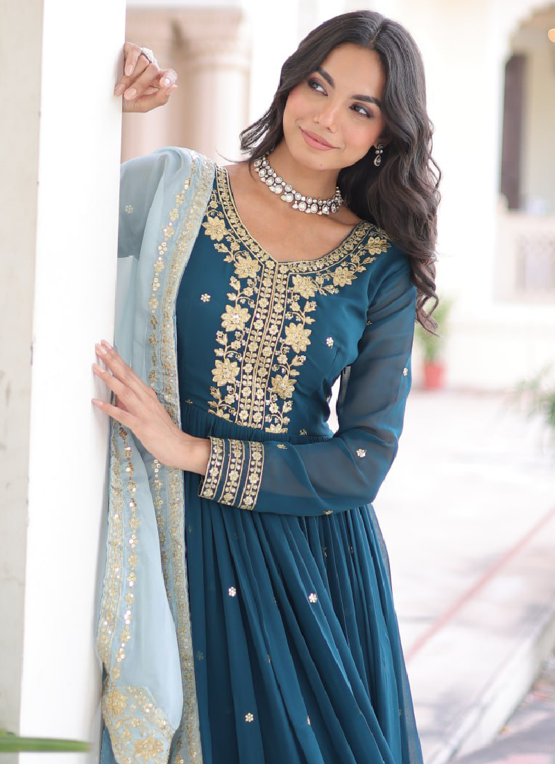 Interesting Georgette Sequence Embroidered Teal Blue Gown With Dupatta