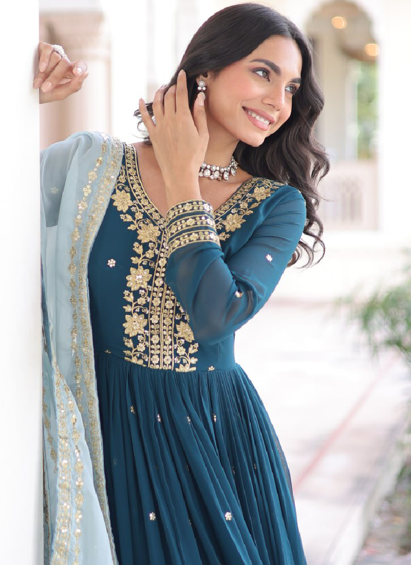 Interesting Georgette Sequence Embroidered Teal Blue Gown With Dupatta