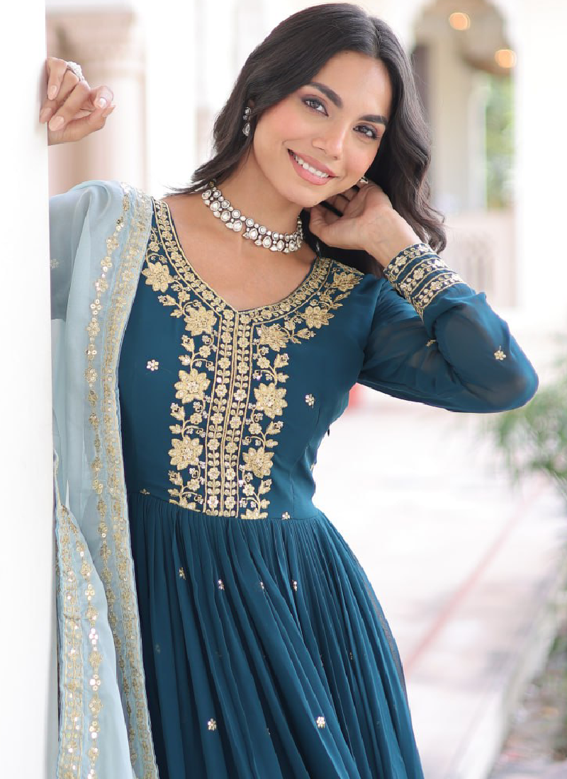 Interesting Georgette Sequence Embroidered Teal Blue Gown With Dupatta