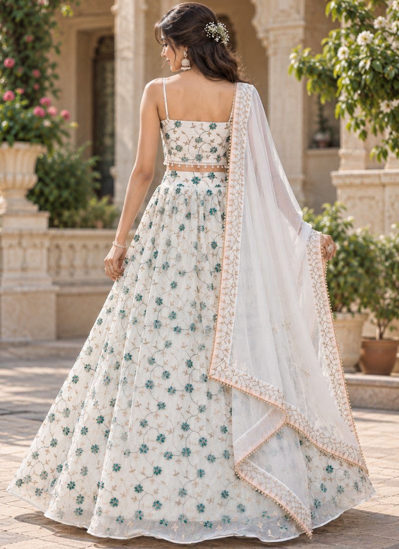 Ivory White Georgette Multi Beads Embroidered Lehenga Choli For Women
