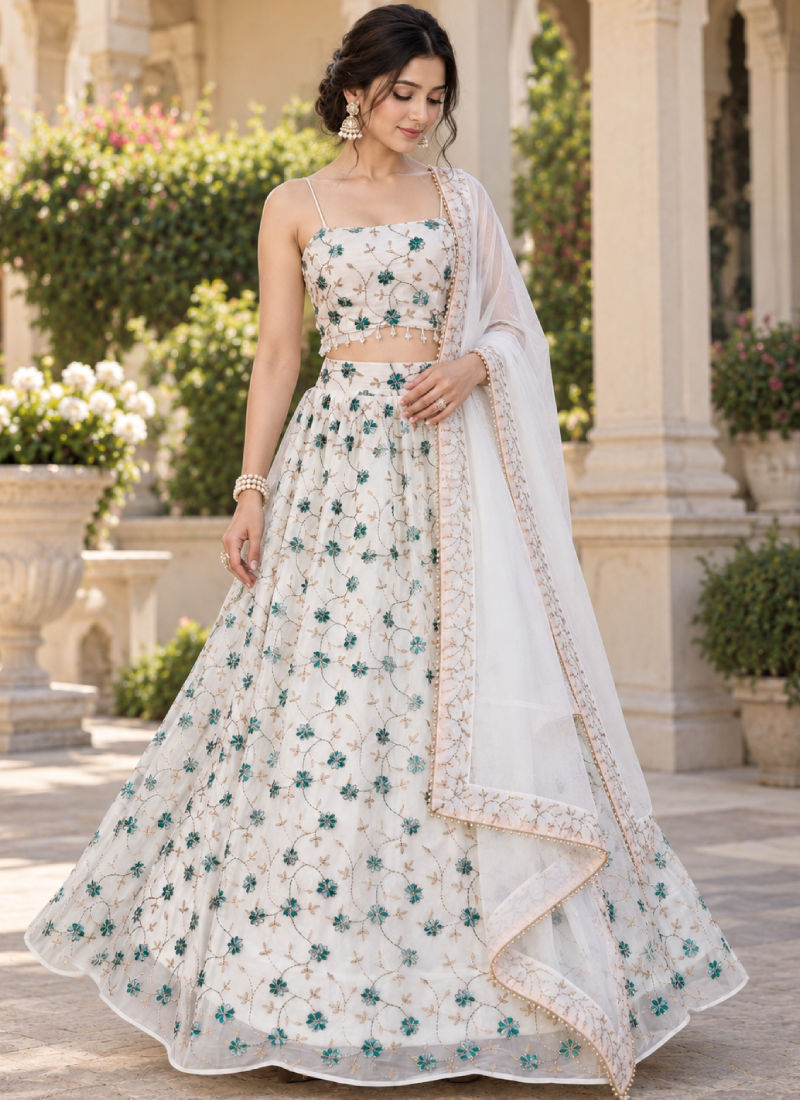 Ivory White Georgette Multi Beads Embroidered Lehenga Choli For Women