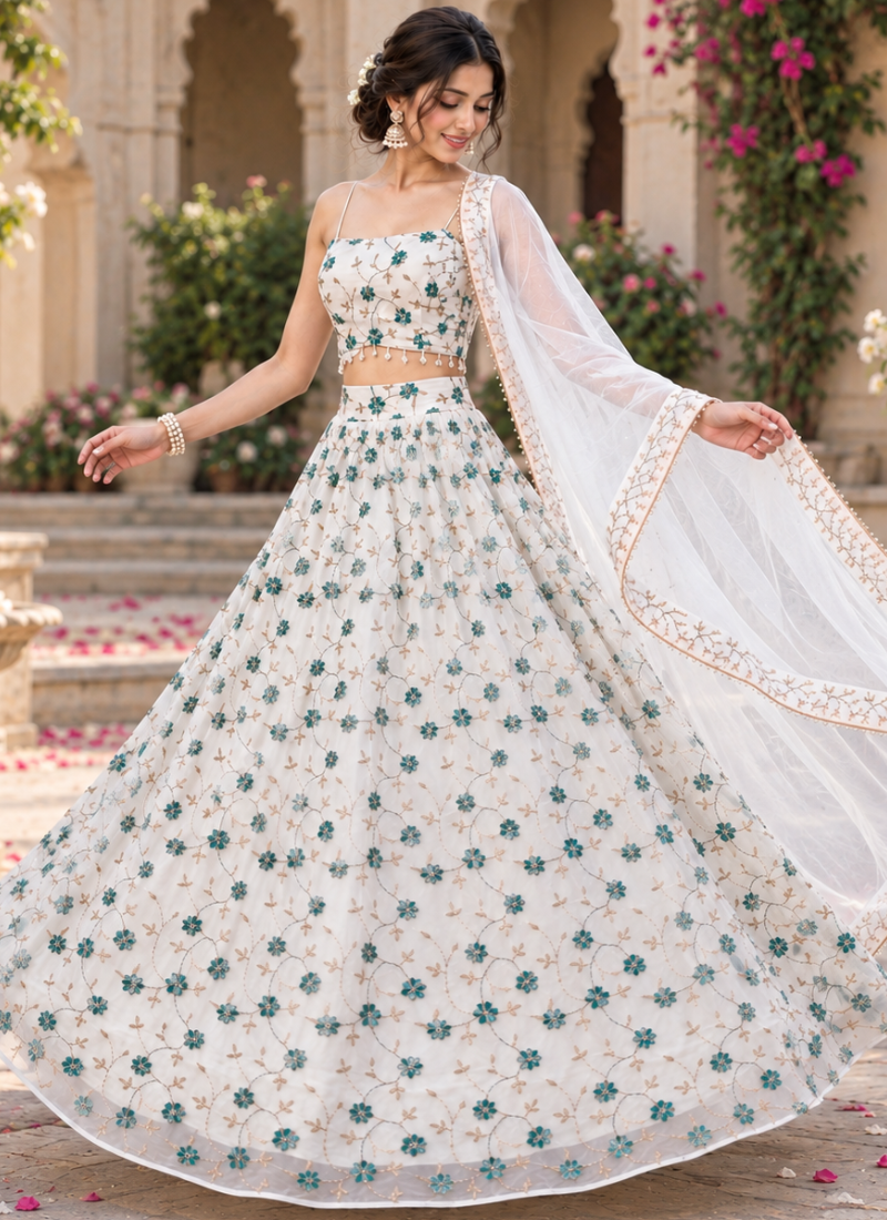 Ivory White Georgette Multi Beads Embroidered Lehenga Choli For Women