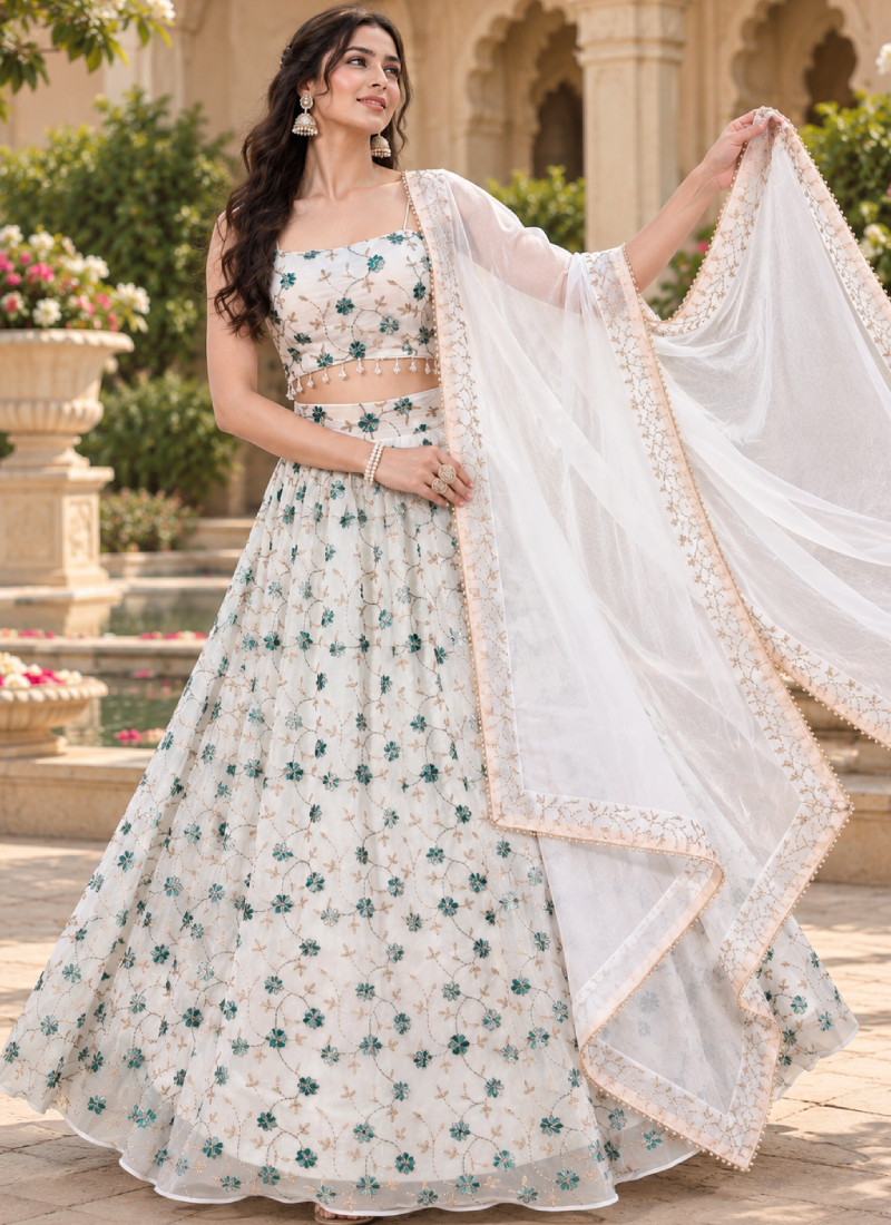 Ivory White Georgette Multi Beads Embroidered Lehenga Choli For Women