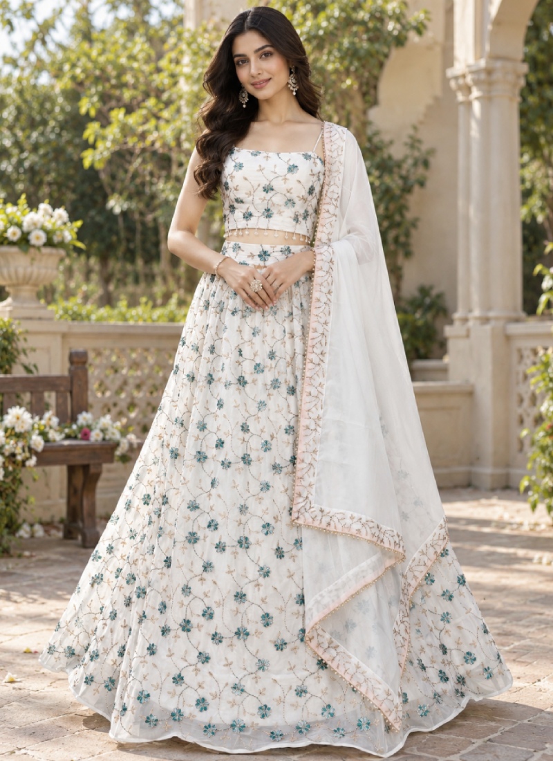 Ivory White Georgette Multi Beads Embroidered Lehenga Choli For Women