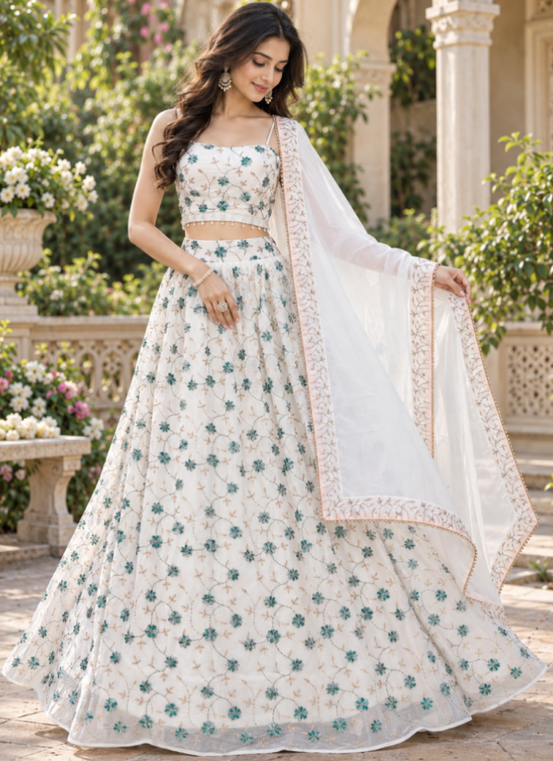 Ivory White Georgette Multi Beads Embroidered Lehenga Choli For Women
