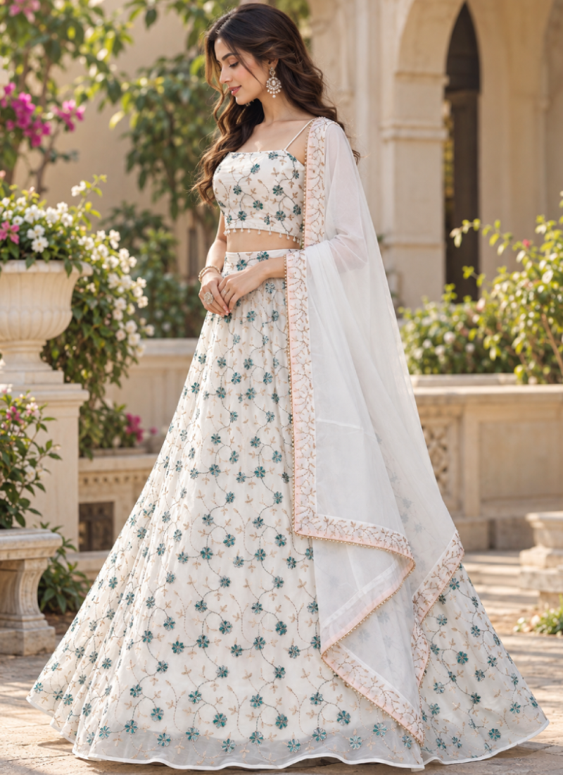 Ivory White Georgette Multi Beads Embroidered Lehenga Choli For Women