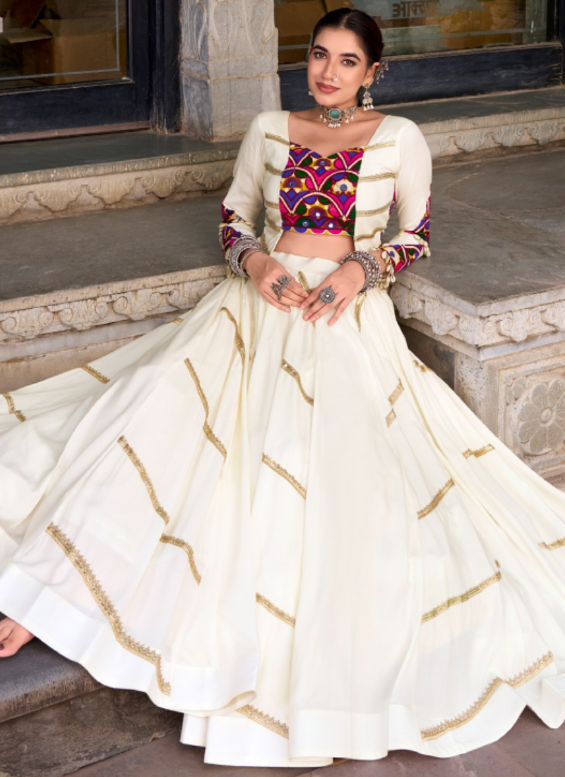 Ivory White Rayon Lehenga Choli With Mirror Gamthi Work For Navratri