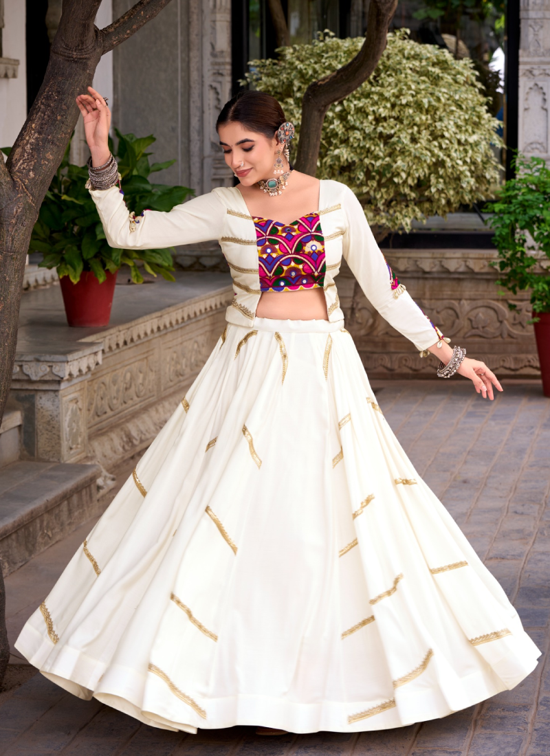 Ivory White Rayon Lehenga Choli With Mirror Gamthi Work For Navratri