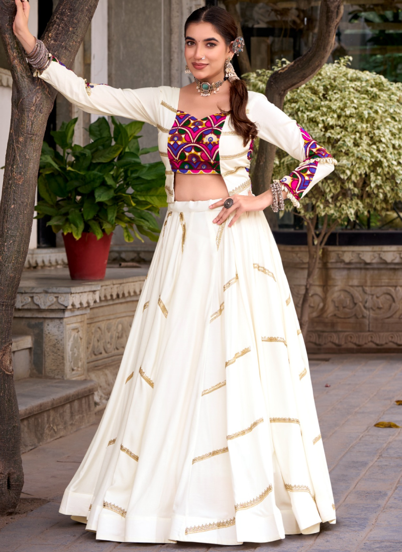 Ivory White Rayon Lehenga Choli With Mirror Gamthi Work For Navratri
