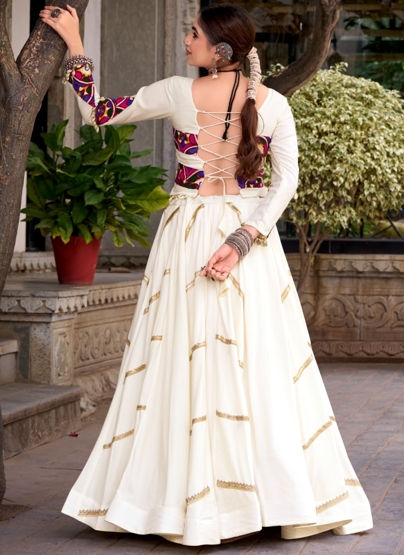Ivory White Rayon Lehenga Choli With Mirror Gamthi Work For Navratri