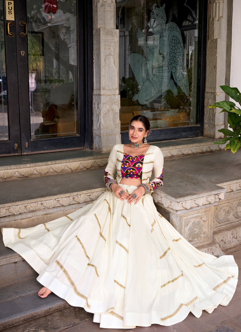 Ivory White Rayon Lehenga Choli With Mirror Gamthi Work For Navratri