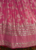 Pink fabric with gold floral patterns

Jacquard Silk Zari Weaving Embroidered Peach Lehenga Choli For Women