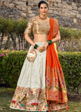 Jacquard Silk Zari Weaving White Paithani Lehenga Choli For Wedding