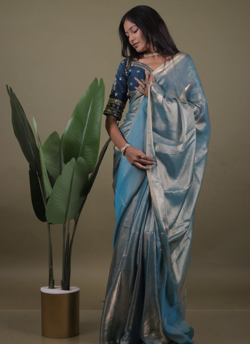Jimmy Choo Organza Light Blue Saree With Sequence Embroidered Blouse
