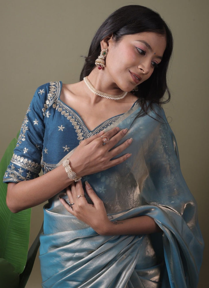 Jimmy Choo Organza Light Blue Saree With Sequence Embroidered Blouse