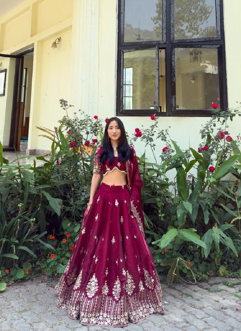 Jimmy Choo Sequence Embroidered Maroon Red Lehenga Choli For Wedding