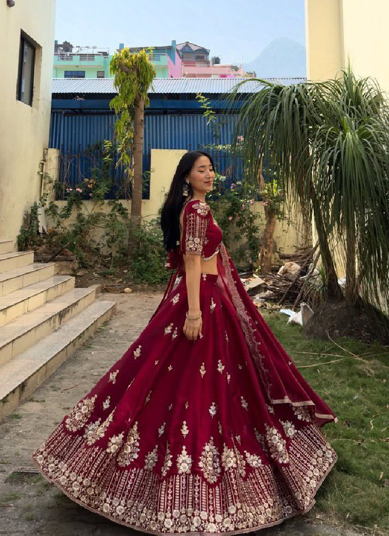 Jimmy Choo Sequence Embroidered Maroon Red Lehenga Choli For Wedding