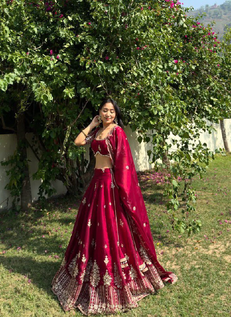 Jimmy Choo Sequence Embroidered Maroon Red Lehenga Choli For Wedding