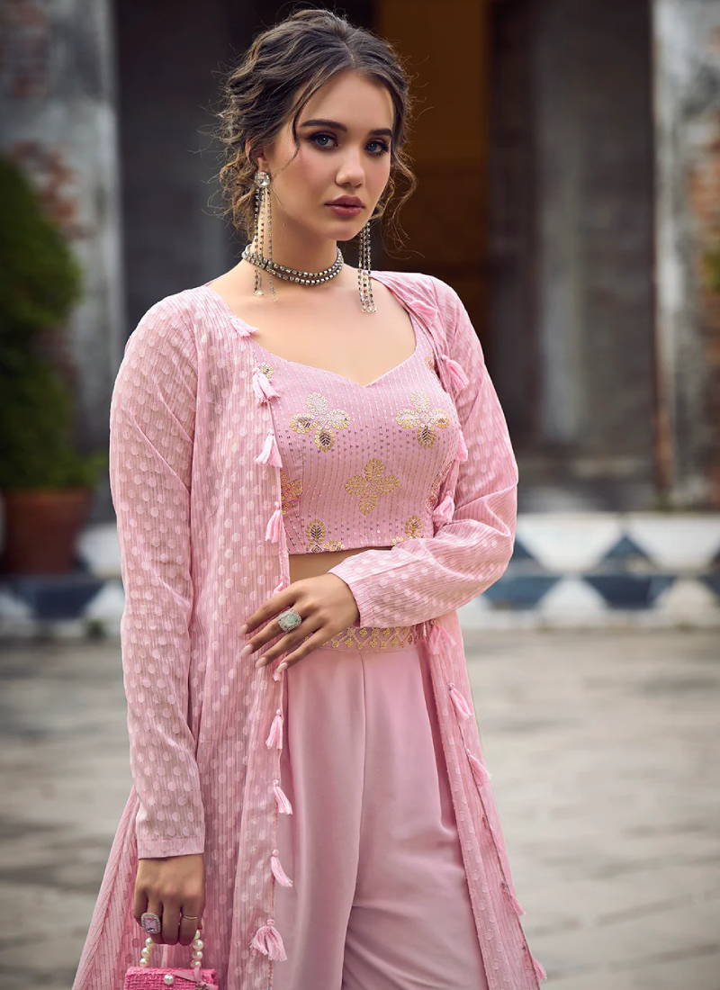 Koti Style Baby Pink Sequence Work Palazzo Georgette Suit