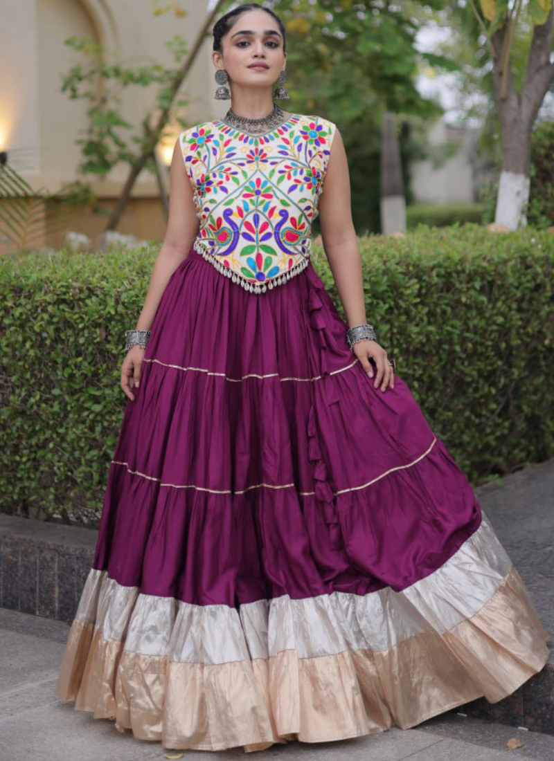 Kutchi Embroidered Wine Rayon With Frill Chaniya Choli For Navratri
