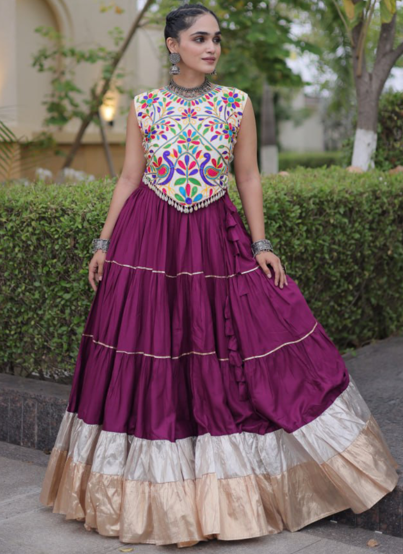 Kutchi Embroidered Wine Rayon With Frill Chaniya Choli For Navratri