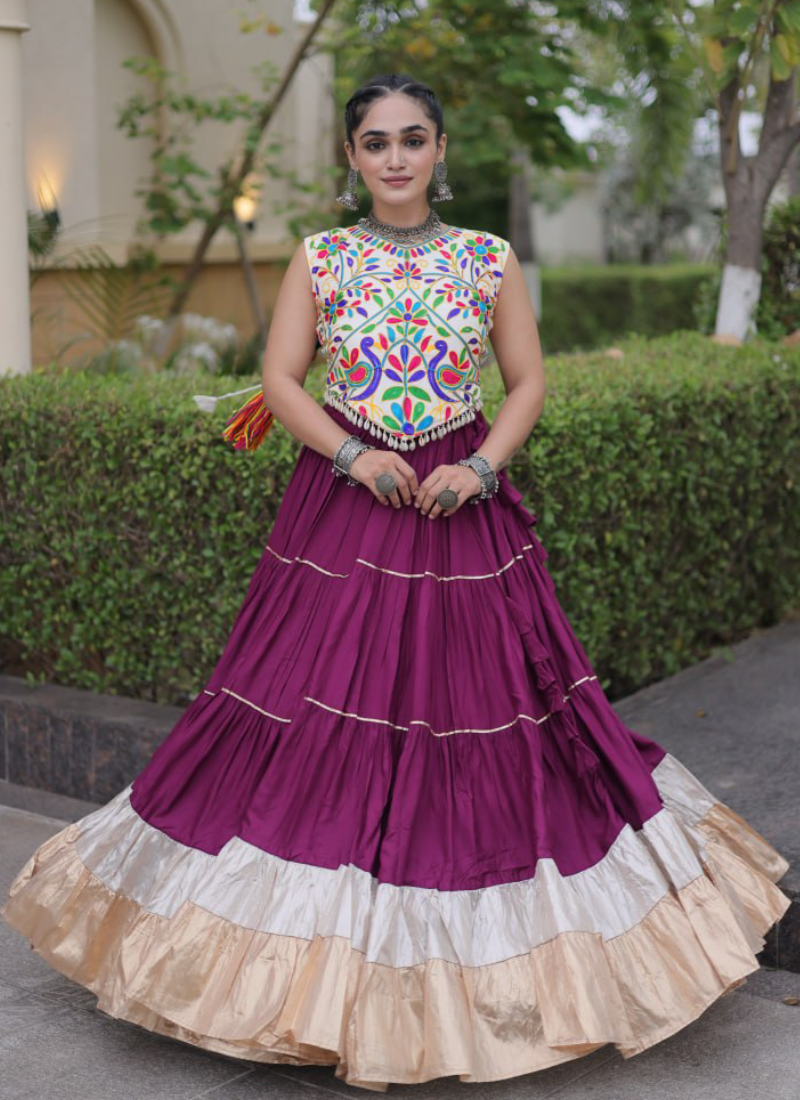 Kutchi Embroidered Wine Rayon With Frill Chaniya Choli For Navratri