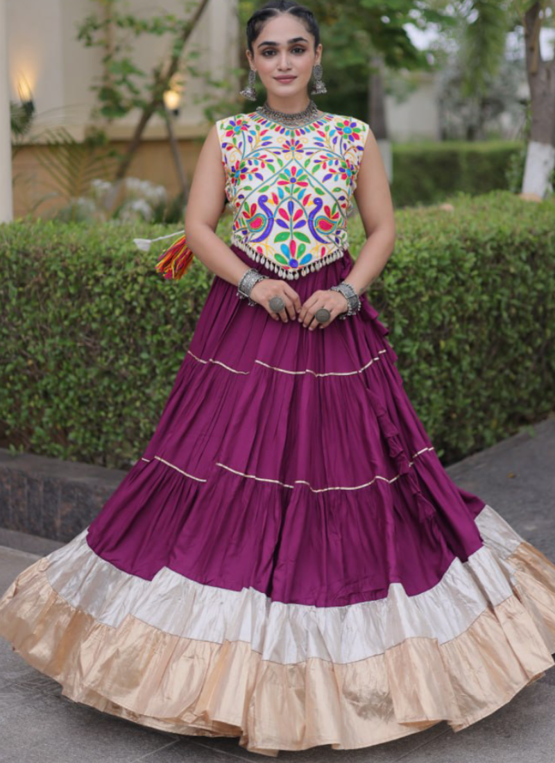 Kutchi Embroidered Wine Rayon With Frill Chaniya Choli For Navratri
