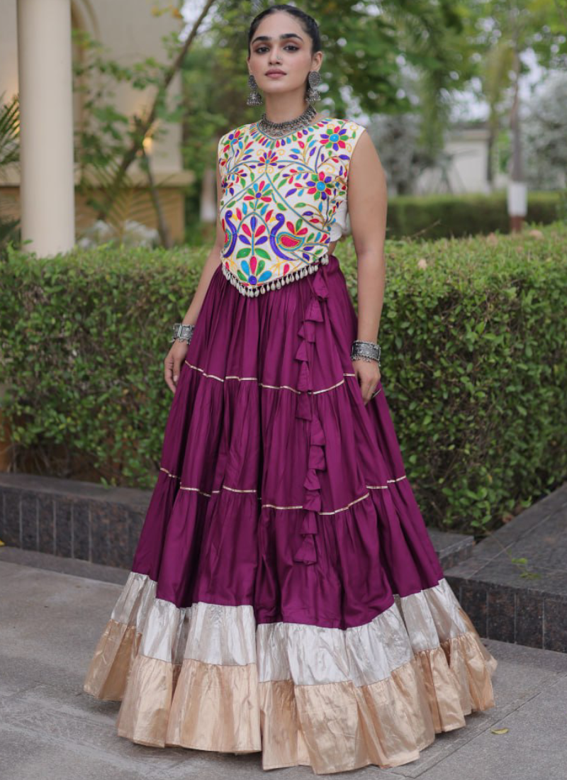 Kutchi Embroidered Wine Rayon With Frill Chaniya Choli For Navratri