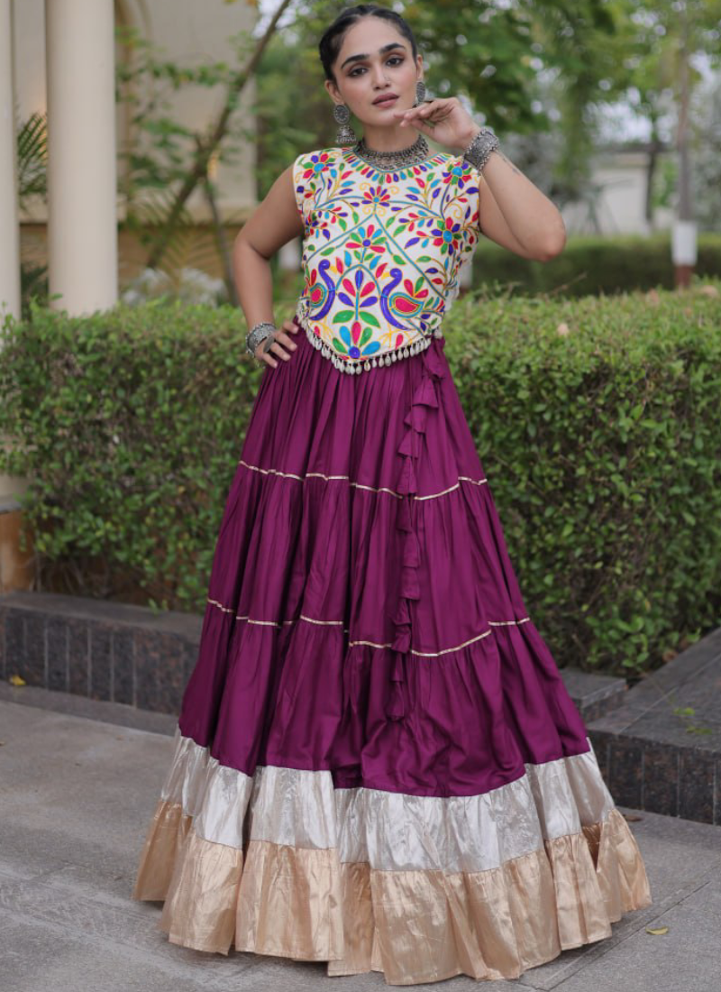 Kutchi Embroidered Wine Rayon With Frill Chaniya Choli For Navratri