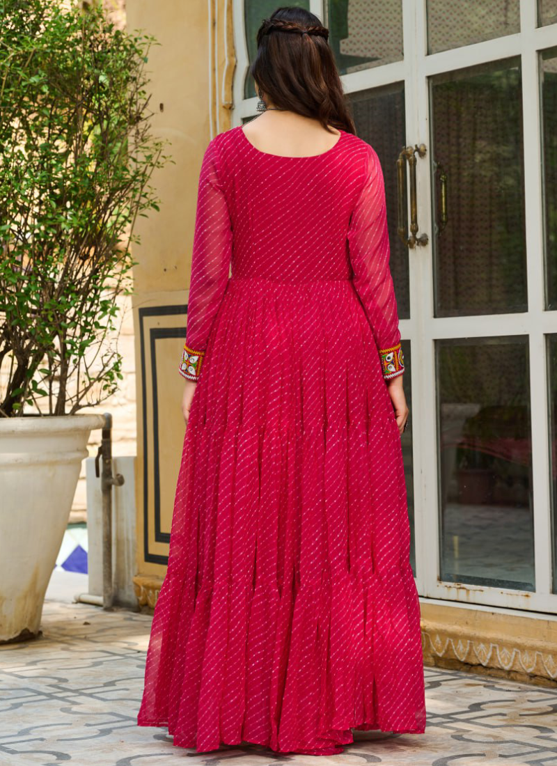 Laheriya Printed Gamthi Work Georgette Pink Navratri Special Gown