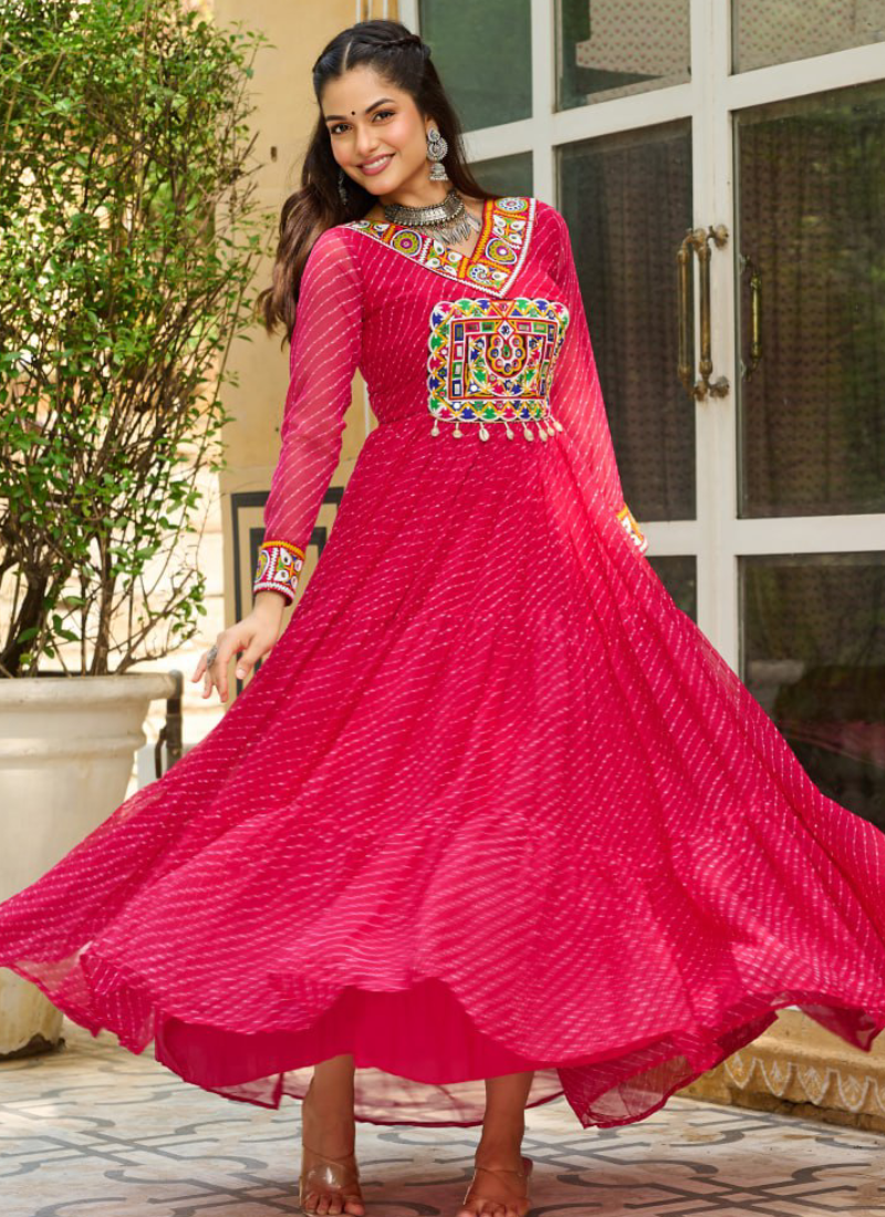 Laheriya Printed Gamthi Work Georgette Pink Navratri Special Gown