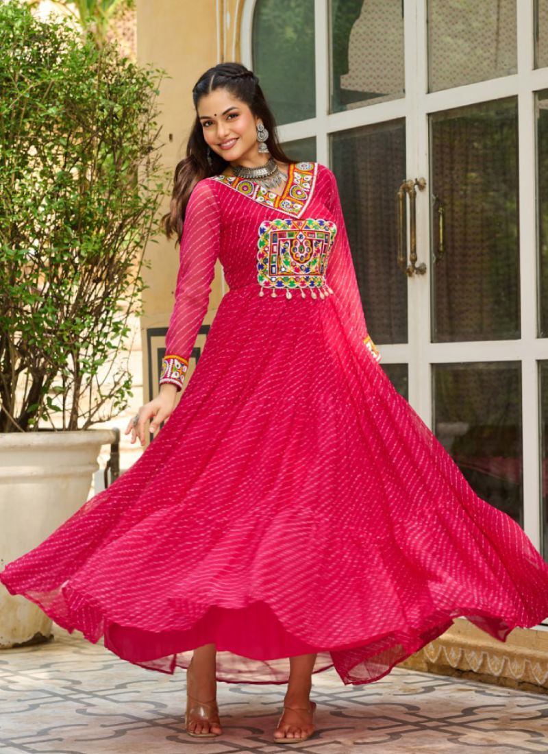 Laheriya Printed Gamthi Work Georgette Pink Navratri Special Gown