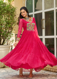 Laheriya Printed Gamthi Work Georgette Pink Navratri Special Gown