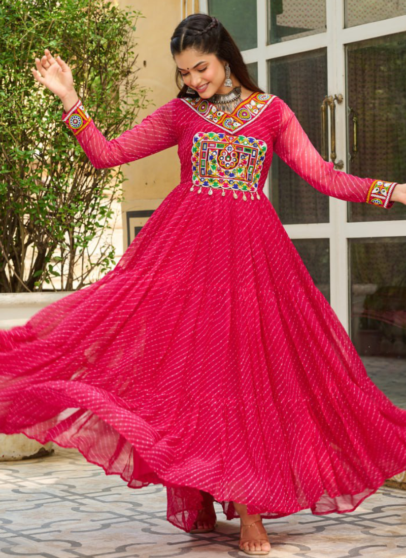 Laheriya Printed Gamthi Work Georgette Pink Navratri Special Gown