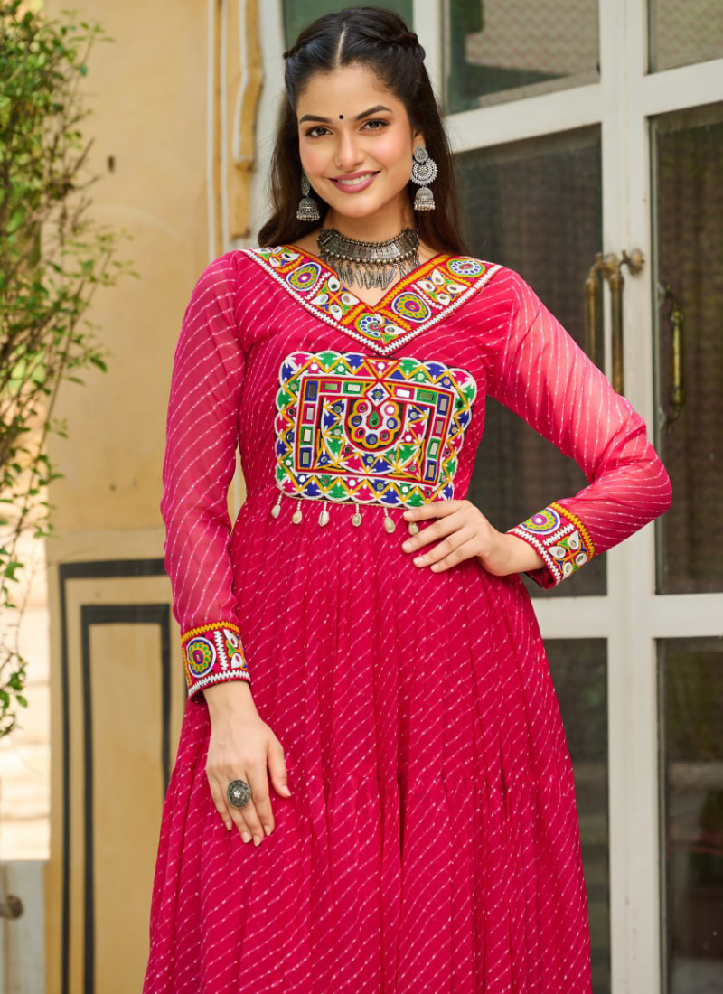 Laheriya Printed Gamthi Work Georgette Pink Navratri Special Gown