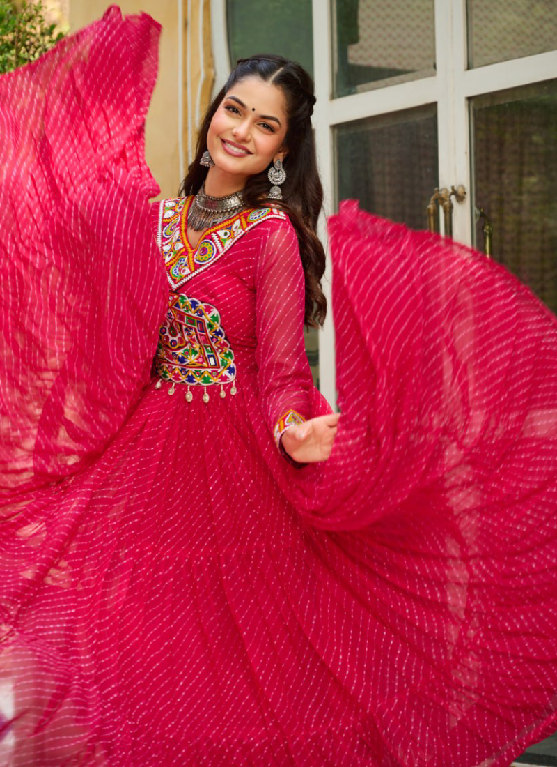 Laheriya Printed Gamthi Work Georgette Pink Navratri Special Gown