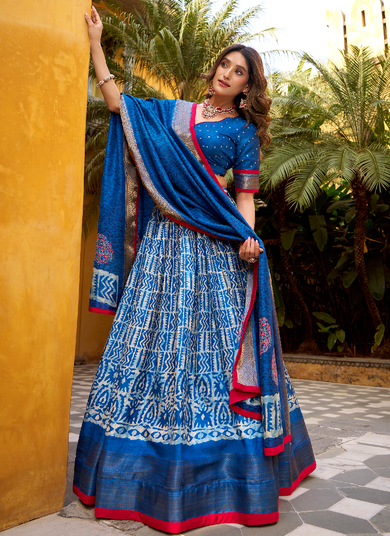 Latest Batik Print With Zari Weaving Dola Silk Blue Lehenga Choli Set