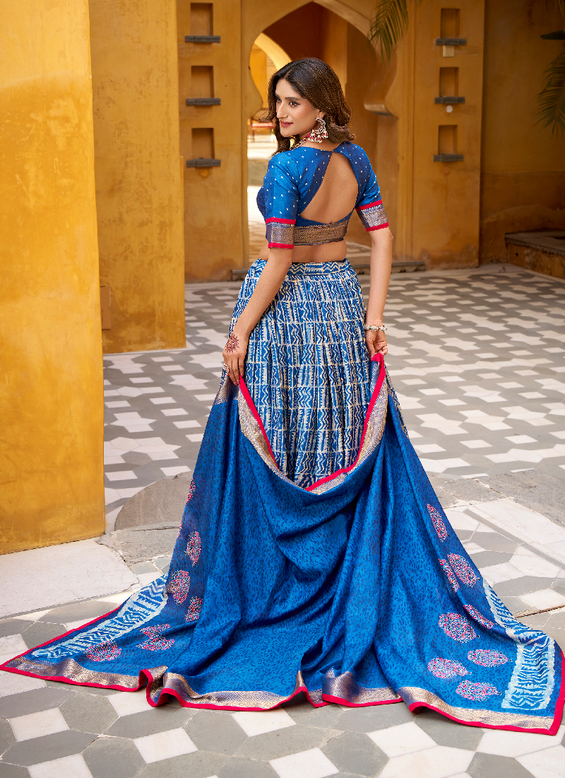 Latest Batik Print With Zari Weaving Dola Silk Blue Lehenga Choli Set