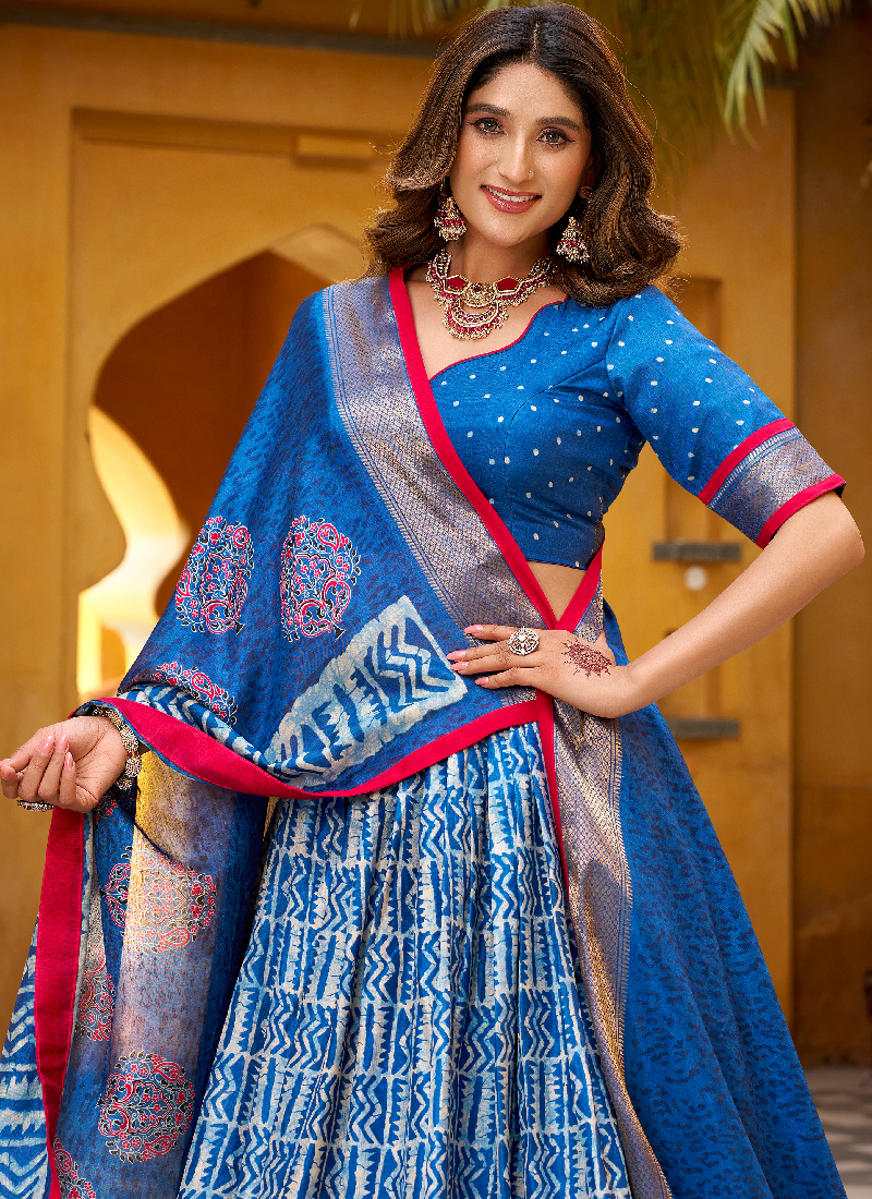 Latest Batik Print With Zari Weaving Dola Silk Blue Lehenga Choli Set