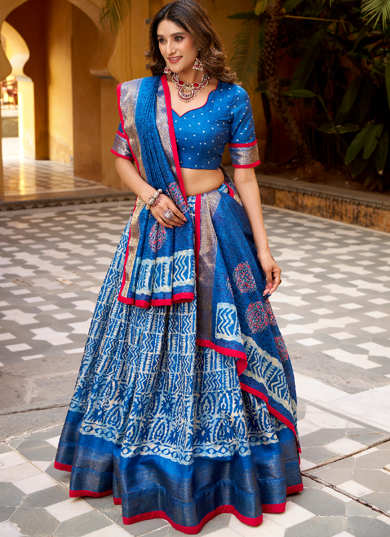 Latest Batik Print With Zari Weaving Dola Silk Blue Lehenga Choli Set