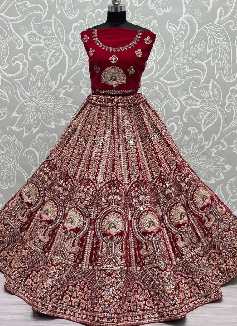 Latest Handcrafted Mirror Work Velvet Pink Bridal Lehenga Choli