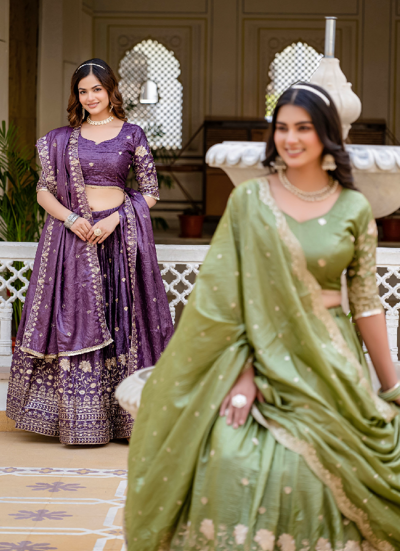 Purple Embroidered Tissue Silk Wedding Lehenga Choli With Dupatta