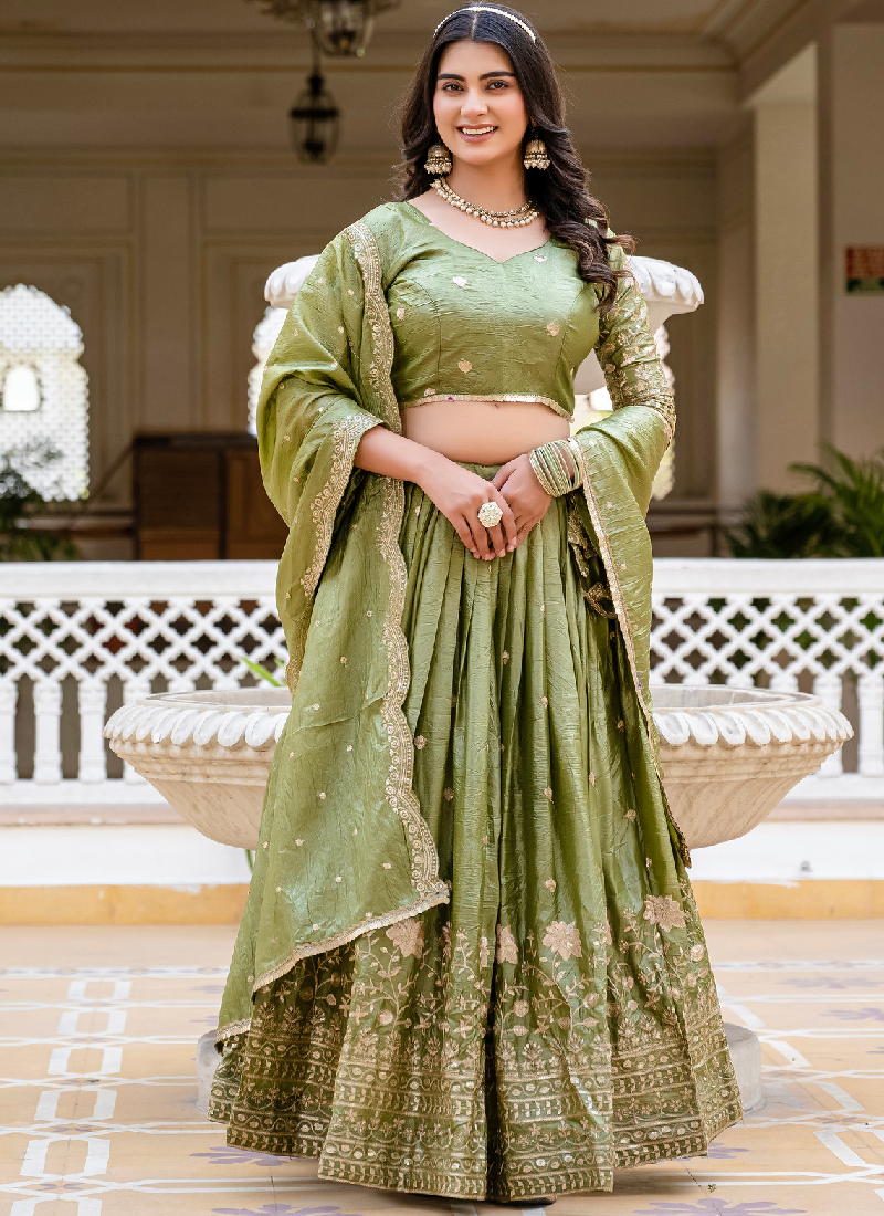 Latest Mehndi Green Color Gold Crush Heavy Zari Embroidered Lehenga Choli