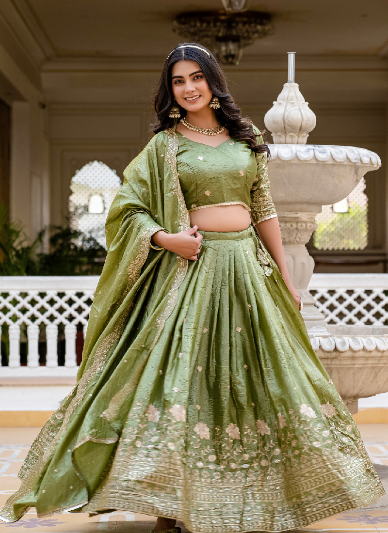 Latest Mehndi Green Color Gold Crush Heavy Zari Embroidered Lehenga Choli